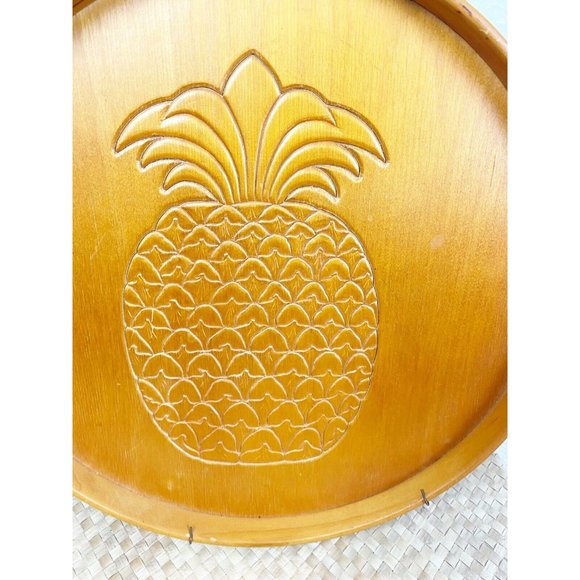 MaLeck Wingate Wooden Pineapple Carved Round Tray 1982 Wall Hanging MCM 14” GUC - Picture 3 of 5